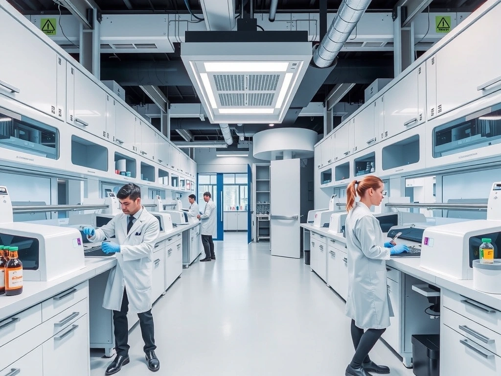 Modern, clean laboratory facility with advanced equipment and scientists in lab coats, symbolizing quality control and scientific rigor.