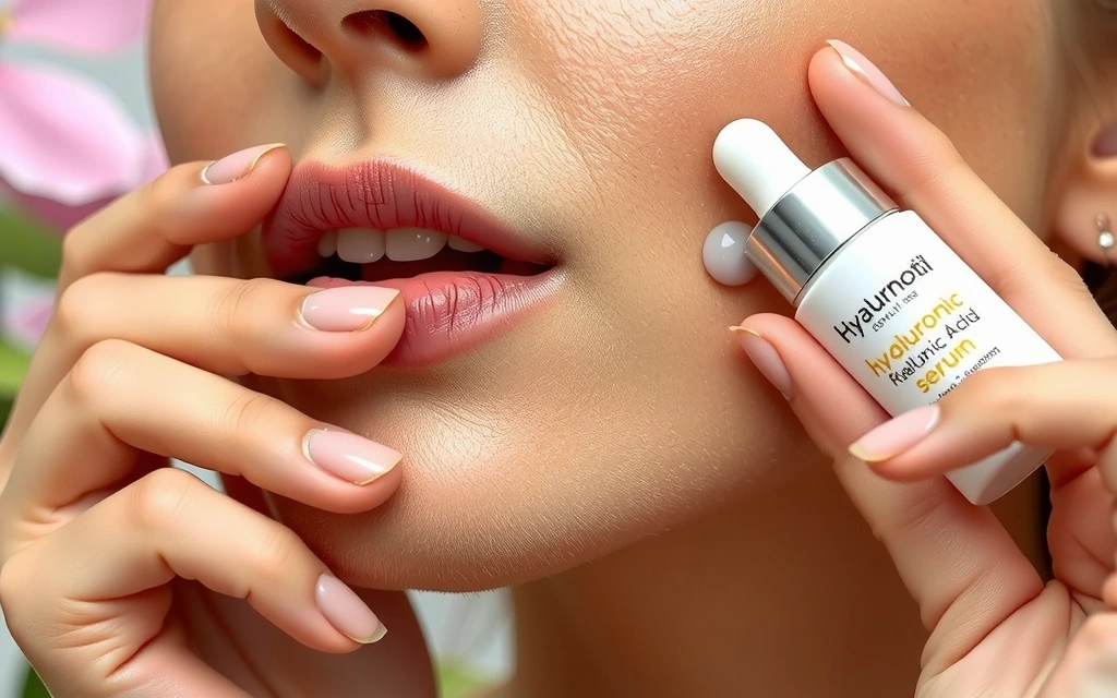 A woman applying a serum to her face, highlighting the benefits of hyaluronic acid.