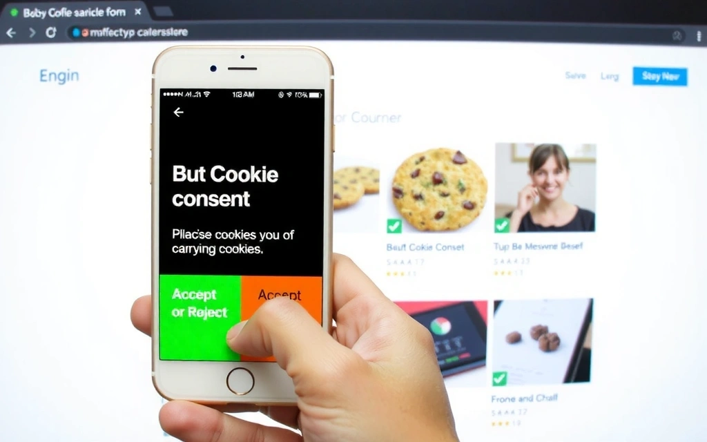 A person's hand holding a smartphone, displaying a cookie consent banner with options to accept or reject cookies, against a blurred background of a website.