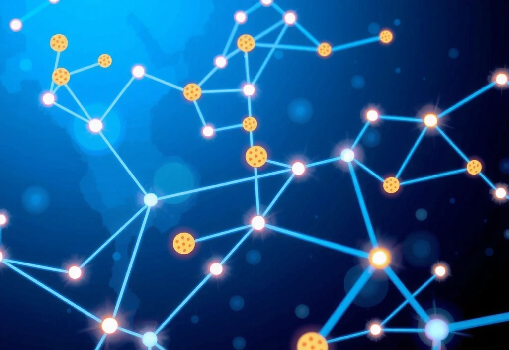 An abstract digital representation of data flowing through networks, with glowing lines and nodes, symbolizing the interconnectedness of information and cookies on the internet.