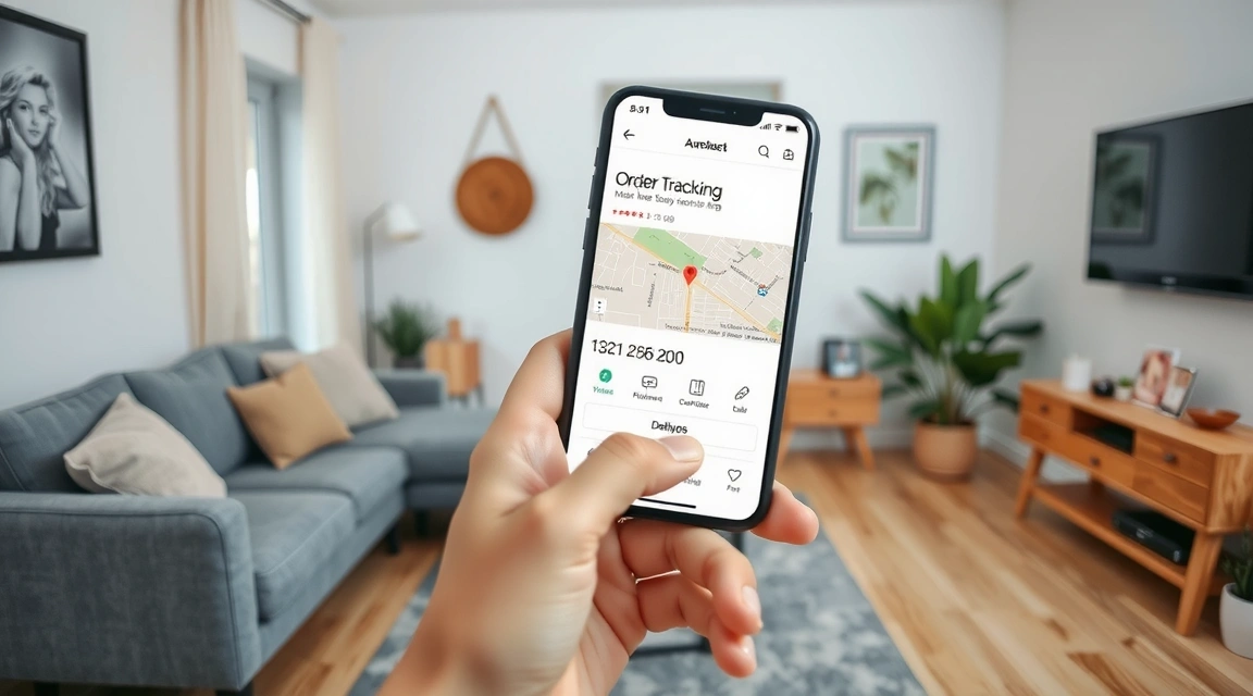 Hand holding a smartphone displaying an order tracking page