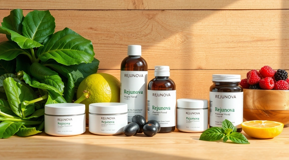 Vegan-friendly ingredients and products from Rejunova, with a green, natural background